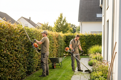 Gartenservice in Kassel: Zwei Gärtner schneiden Hecke und trimmen Rasenkanten – professionelle Gartenpflege.