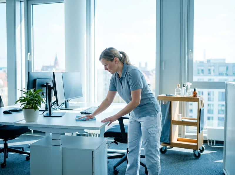 Reinigungskraft wischt einen Schreibtisch in einem modernen Büro – professionelle Büroreinigung in Kassel.