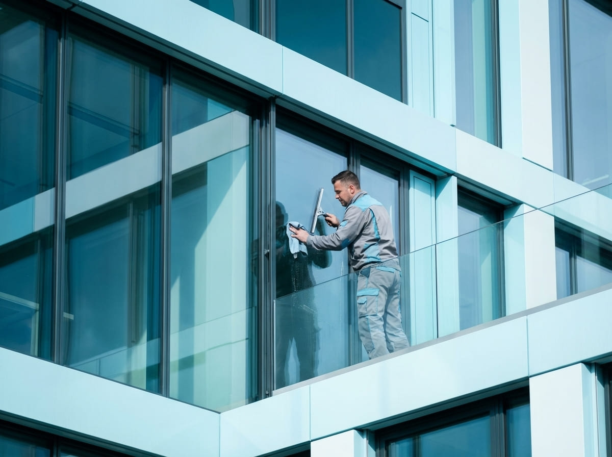 Fensterreinigung in Kassel: Gebäudereiniger reinigt Glasfassade und große Fensterfront professionell.