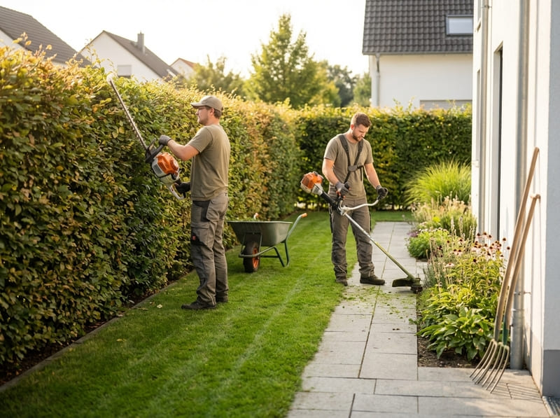 Gartenservice in Kassel: Zwei Gärtner schneiden Hecke und trimmen Rasenkanten – professionelle Gartenpflege.