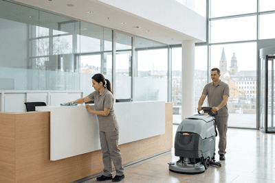 Gebäudereinigung in Kassel: Reinigungsteam reinigt Empfangstresen und Boden mit Reinigungsmaschine.