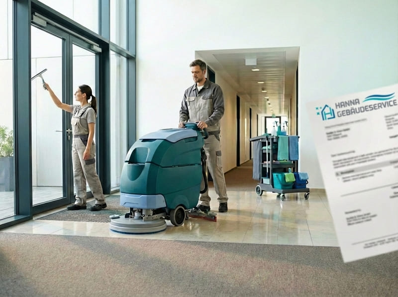 Gebäudereinigung in Kassel: Reinigungsteam reinigt Boden mit Scheuersaugmaschine und Glasflächen – Hanna Gebäudeservice.