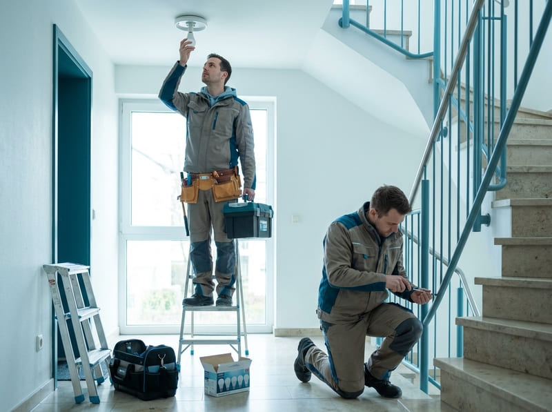 Hausmeisterservice in Kassel: Mitarbeiter führen Wartungsarbeiten im Treppenhaus durch – zuverlässig und fachgerecht.