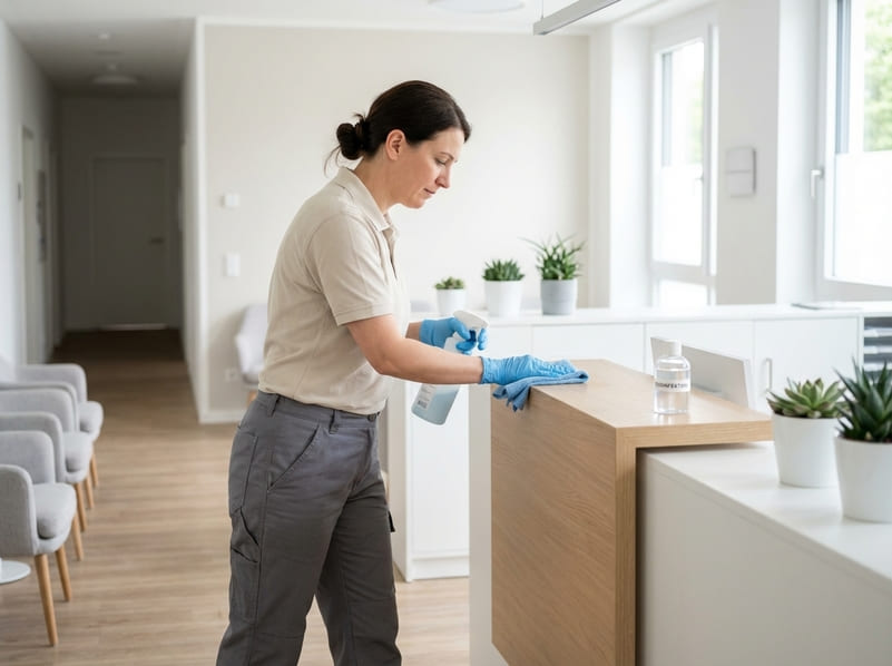 Praxisreinigung in Kassel: Reinigungskraft desinfiziert den Empfangstresen im Wartebereich.