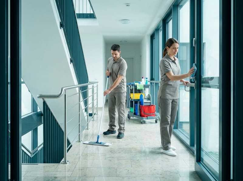 Unterhaltsreinigung in Kassel: Reinigungsteam wischt den Flur und reinigt Glasflächen – regelmäßige Büroreinigung.