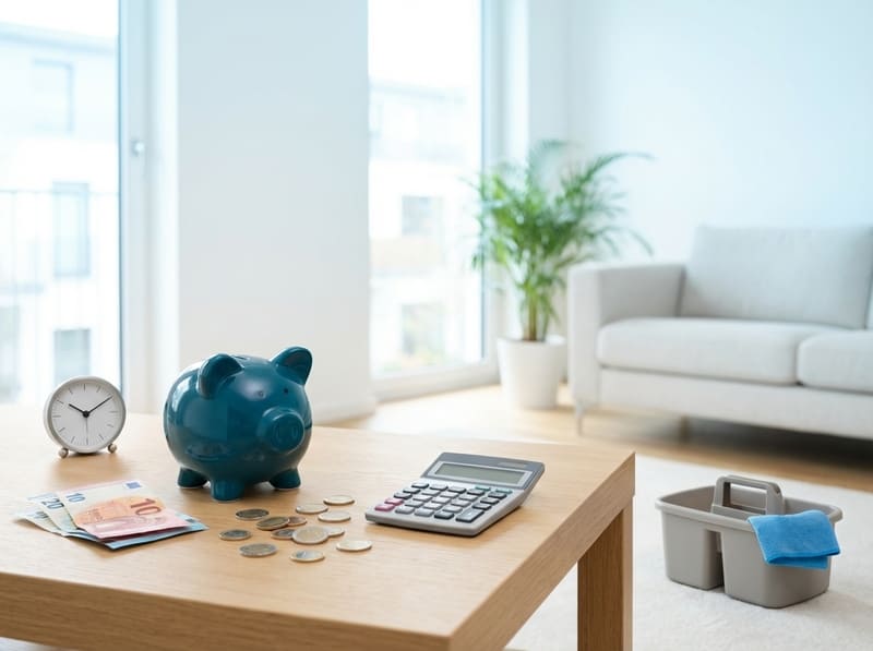 Kosten der Unterhaltsreinigung: Sparschwein, Taschenrechner und Geld als Symbol für Preisfaktoren und Kalkulation.