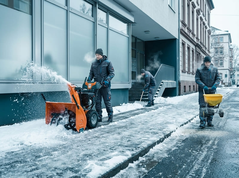 Winterdienst in Kassel: Mitarbeiter räumen Schnee mit Schneefräse und streuen Gehwege für sichere Wege.